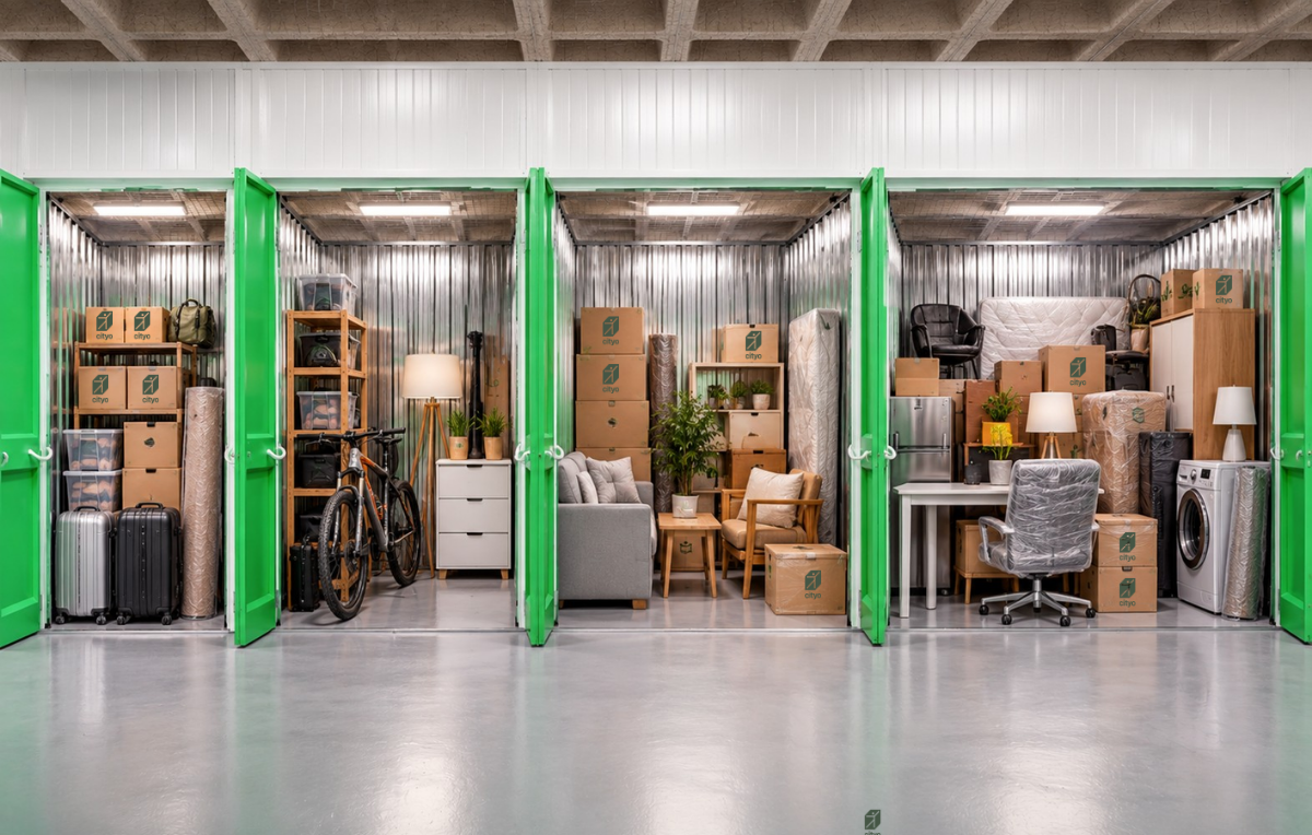 Interior de un trastero Cityo en Madrid con cajas, muebles y bicicleta organizados